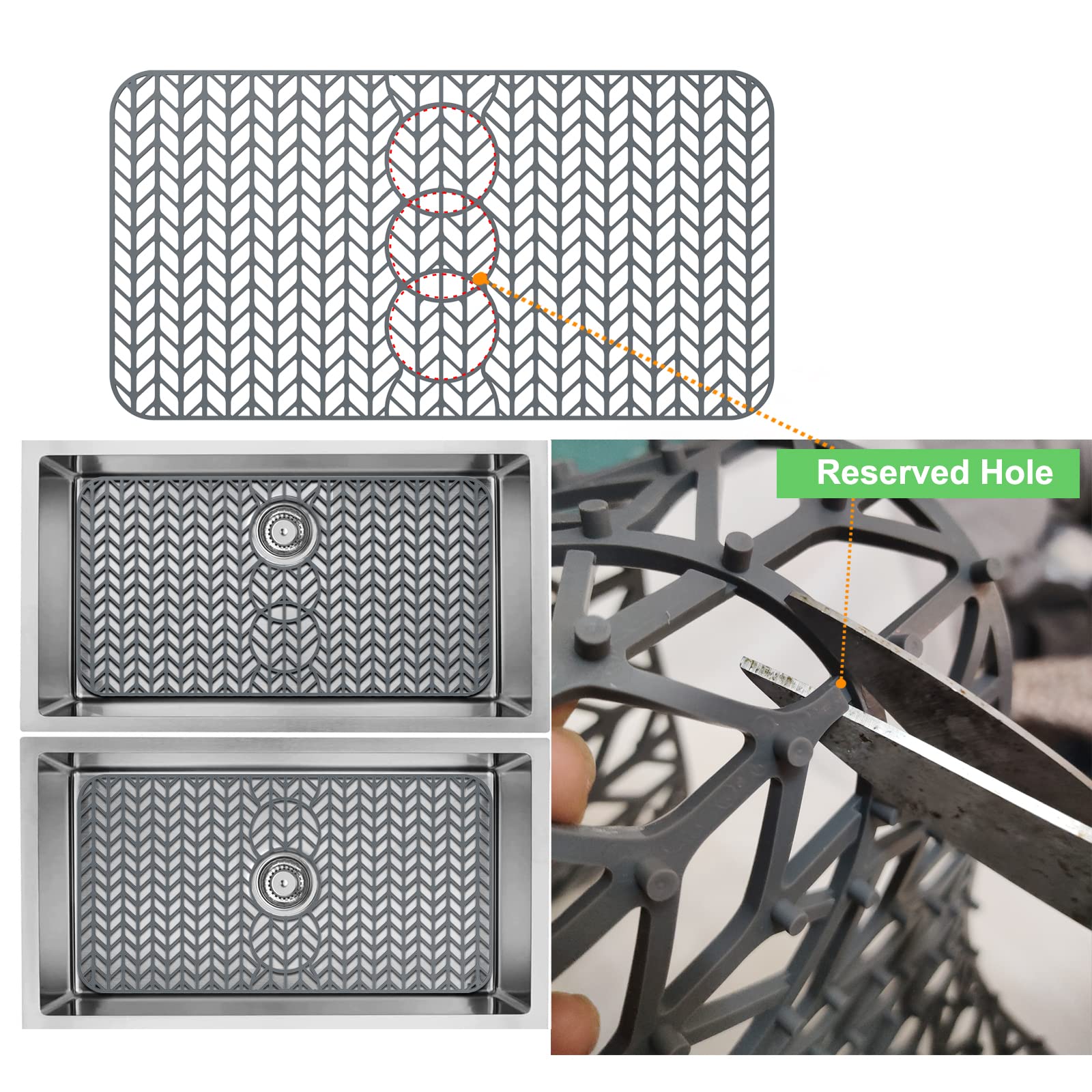 AWOKE Sink Protectors for Kitchen Sink - 29.5"x 15" Sink Mat - Heat-resistant Easy-clean Silicone Sink Mat - for Protection of Stainless Steel Sink - with 3 Reserved Holes (Grey)