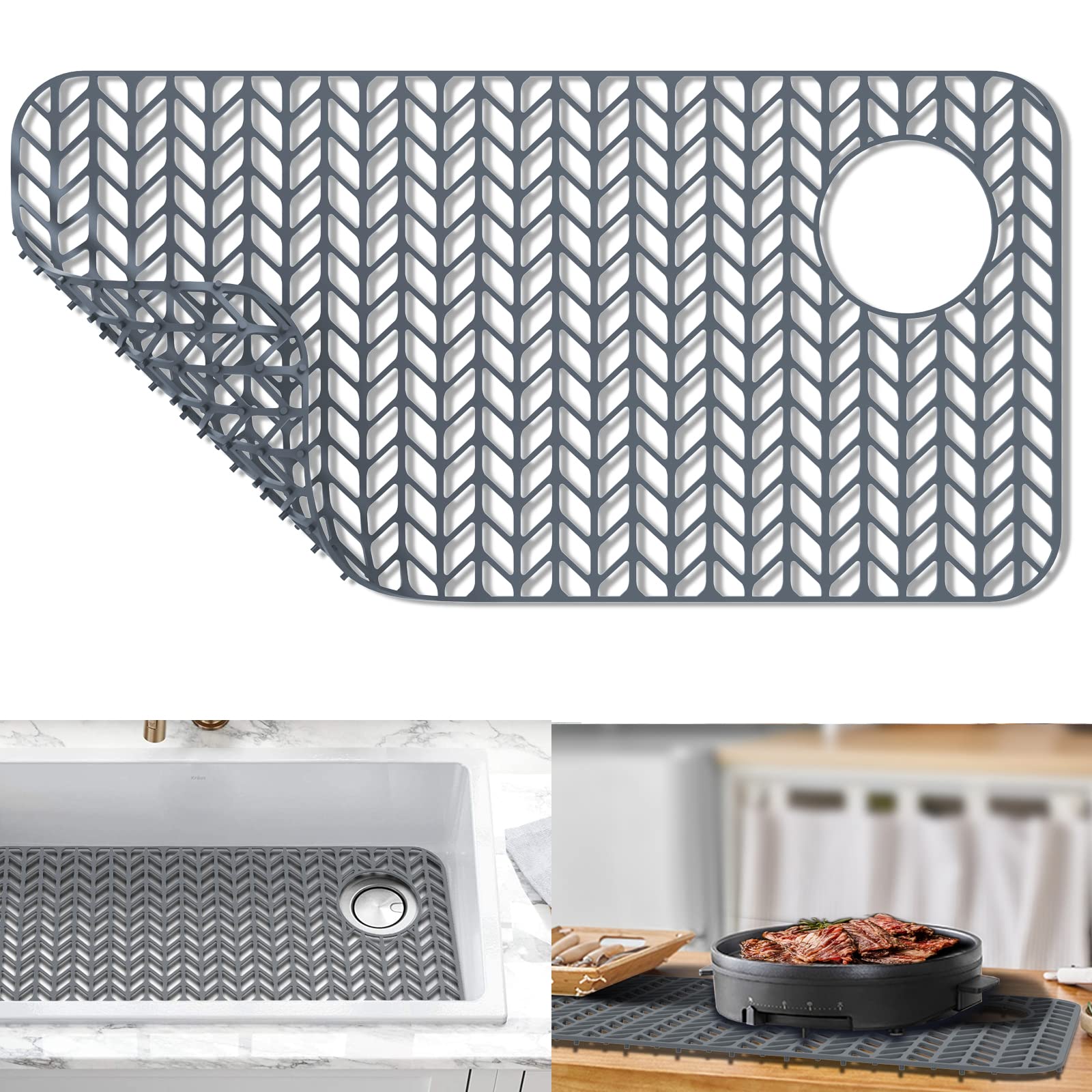 AWOKE Sink Protectors for Kitchen Sink - 28.6"x 14.5" Sink Mat - Heat-resistant Easy-clean Silicone Sink Mat - for Protection of Stainless Steel Sink - with Right & Left Drain (Grey)