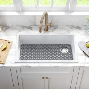 AWOKE Sink Protectors for Kitchen Sink - 28.6"x 14.5" Sink Mat - Heat-resistant Easy-clean Silicone Sink Mat - for Protection of Stainless Steel Sink - with Right & Left Drain (Grey)