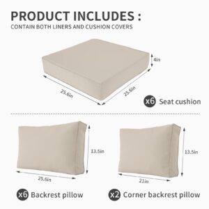 Valita Outdoor Furniture Replacement Cushions, Fits 6-seat Sectional Rattan Conversation Set, 14-Piece Patio Water-Resistant Replacement Sofa Cushions, Liner&Cover (Khaki)