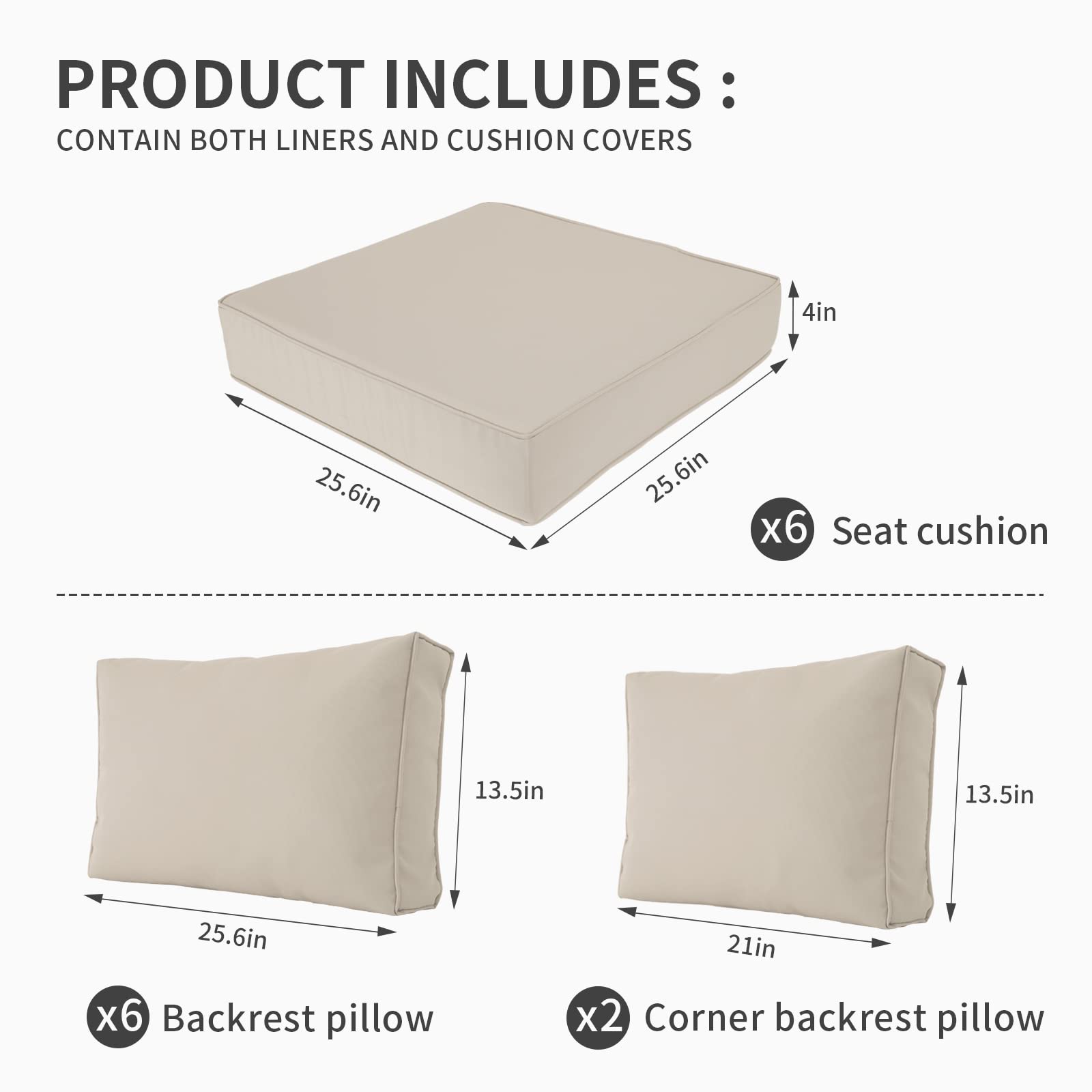 Valita Outdoor Furniture Replacement Cushions, Fits 6-seat Sectional Rattan Conversation Set, 14-Piece Patio Water-Resistant Replacement Sofa Cushions, Liner&Cover (Khaki)