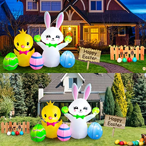 6 FT Easter Inflatables Outdoor Decorations, Built-in LED Easter Blow UP Yard Decorations, Suitable for Yard, Garden, Outdoor, Lawn,Bunny Chicks Playing Decoration