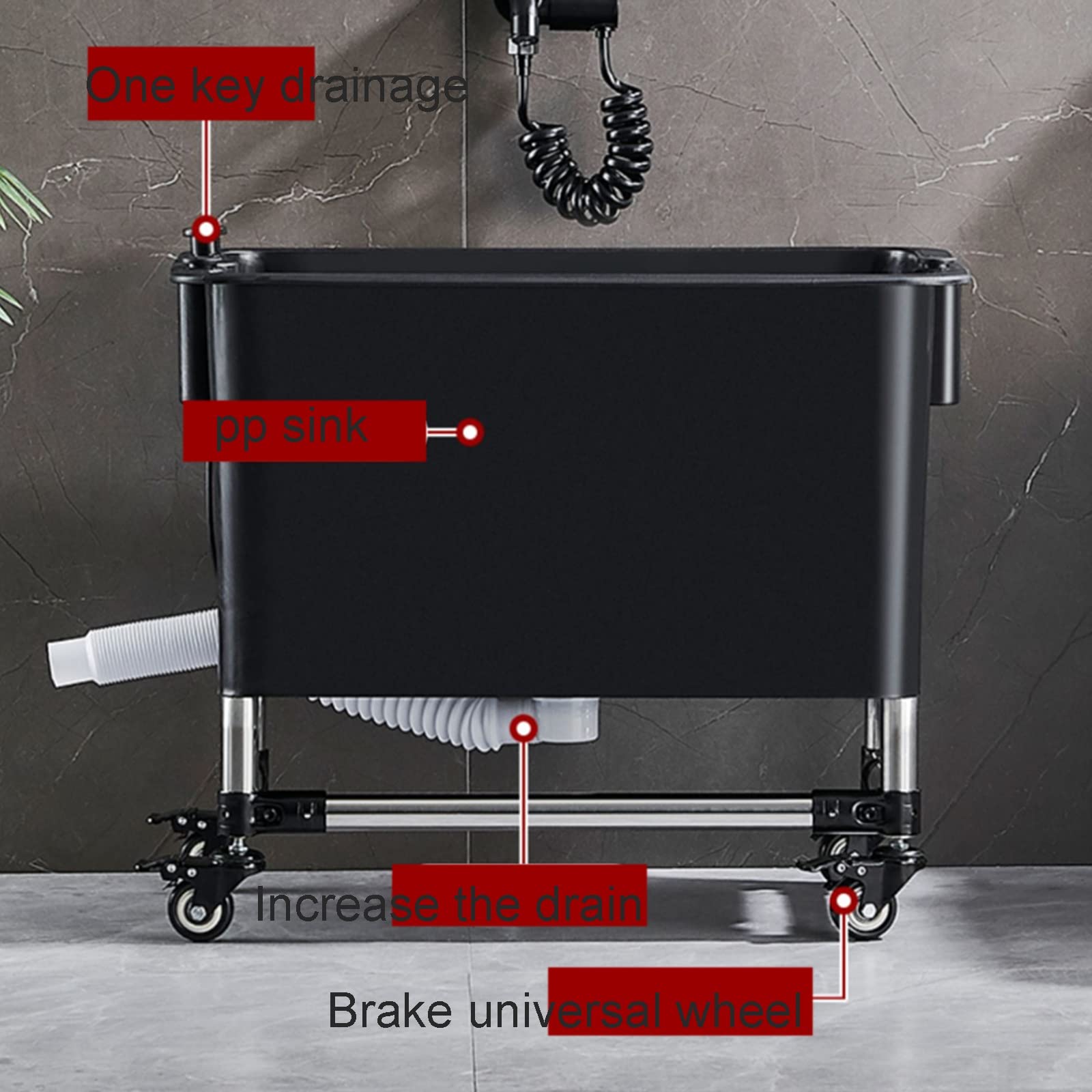 Floor Mop Sink With Roller, Free Standing Wash Station Commercial , Multipurpose Sink, For Garden Garage Schools, Hospitals, Factories, Hotels,Property Companies ( Color : Black , Size : 60*50.5cm )