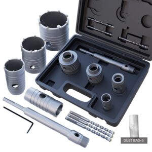 gstk 10pcs concrete hole saw set （30mm 40mm 50mm 65mm）with sds plus shank connecting rod and 5pcs dust catchers, concrete hole saw kit for concrete|cement|brick stone|wall.