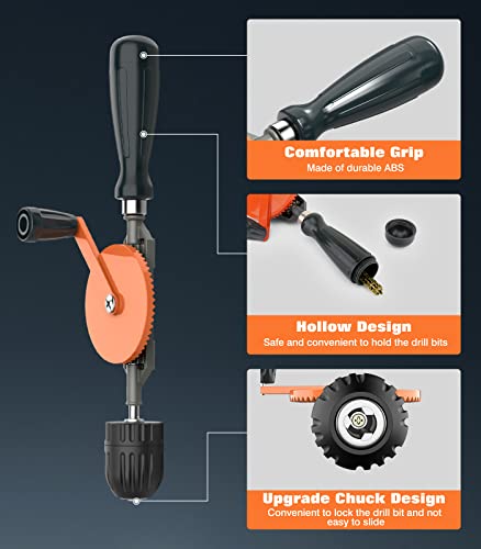 Housolution Hand Drill, Powerful 3/8 inches (1-10mm) Capacity Hand Drill Manual with Precision Keyless Drill Chucks, Cast Steel Manual Drill with 13Pcs Drill Bit Set for Wood Plastic, Orange