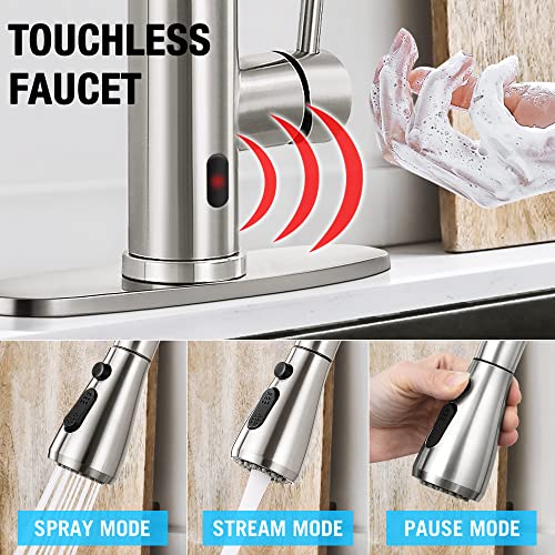 FGKQ Touchless Kitchen Faucet with Pull Down Sprayer, Brushed Nickel High Arc Single Handle Single Hole Commercial Kitchen Sink Faucet for Bar rv