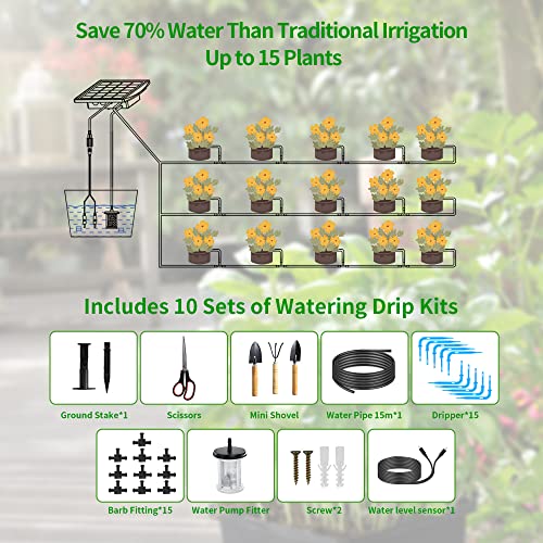 Solar Auto Drip Irrigation Kit System, Solar Powered Plants Watering System, Self Watering Devices Supported 15Pots with 6Timing Modes, Irrigation System for Indoor and Outdoor,Balcony Patio & Garden