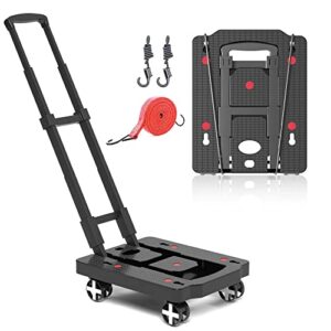 folding hand truck, foldable lightweight dolly cart for moving, portable platform cart with 4 swivel wheels and adjustable handle, foldable cart for personal, travel, auto, moving,office use
