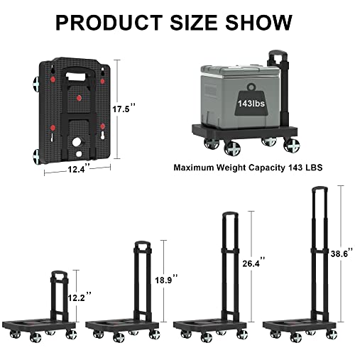 Folding Hand Truck, Foldable Lightweight Dolly Cart for Moving, Portable Platform Cart with 4 Swivel Wheels and Adjustable Handle, Foldable Cart for Personal, Travel, Auto, Moving,Office Use