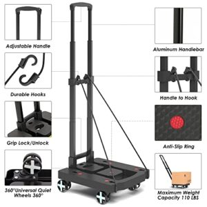 Folding Hand Truck, Foldable Lightweight Dolly Cart for Moving, Portable Platform Cart with 4 Swivel Wheels and Adjustable Handle, Foldable Cart for Personal, Travel, Auto, Moving,Office Use