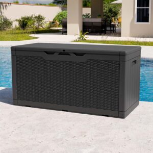 Patiowell 230 Gallon Deck Box, Waterproof Resin Large Outdoor Deck Storage Box for Patio Furniture, Pool Accessories, Toys, Garden Tools and Sports Equipment, Lockable, Gray