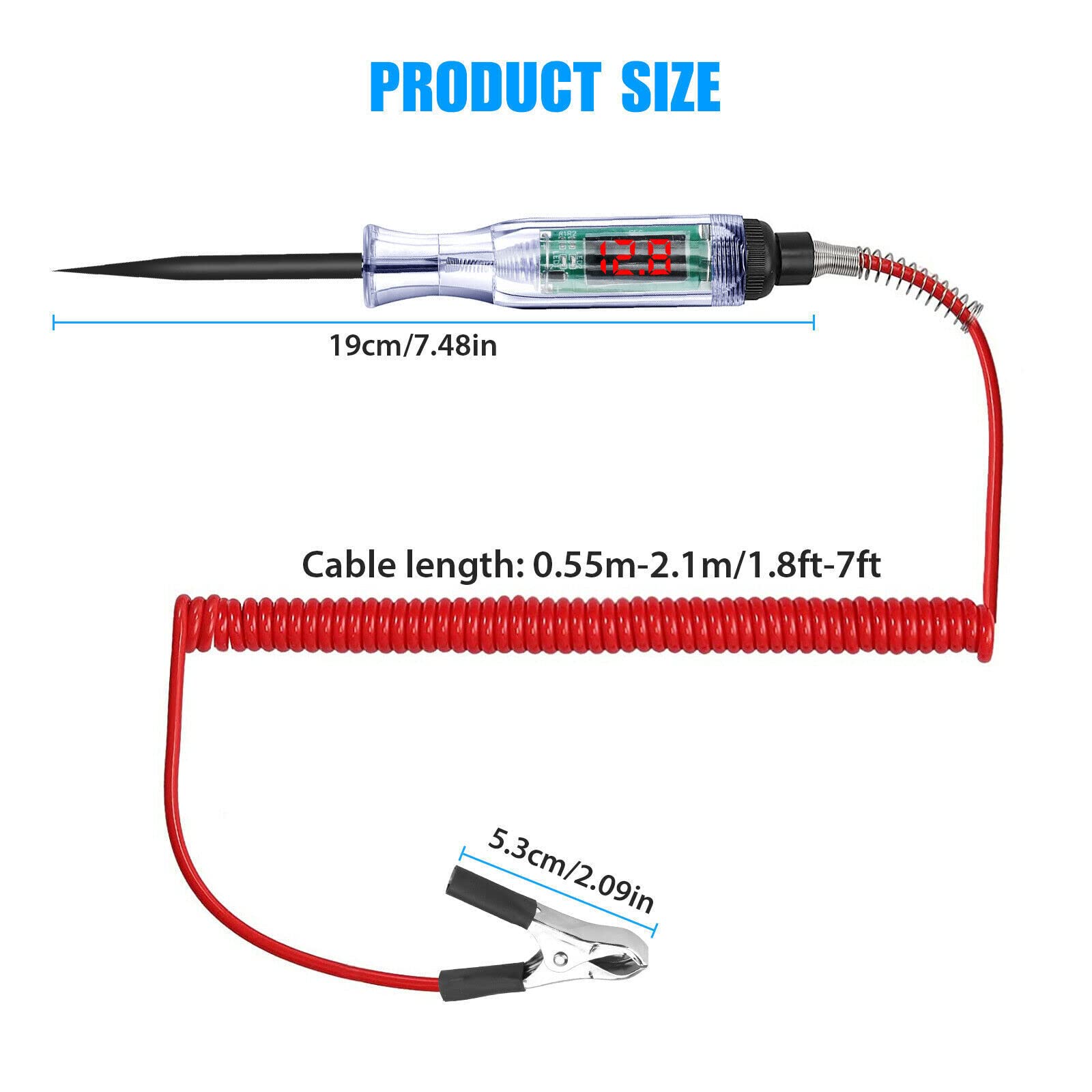 Car Truck Circuit Test Pen, 3-70V Digital Electric Circuit LCD Tester Test Light Car Truck Voltage Probe Pen, DC Voltage Test Light with Voltmeter & Portable Spring Wire (Black - (3-24V))