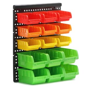 MULSAME Garage Storage Bins With Pegboard, Wall Mounted Parts Rack with 15PCS Bins Organizer, Stackable Garage Plastic Shop Tool, Garage Organizers for Nuts, Screws, Nails, Beads, Bolts Storage