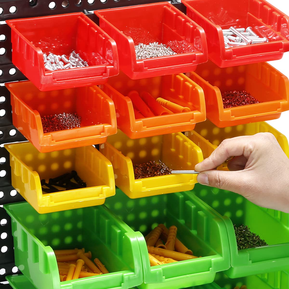 MULSAME Garage Storage Bins With Pegboard, Wall Mounted Parts Rack with 15PCS Bins Organizer, Stackable Garage Plastic Shop Tool, Garage Organizers for Nuts, Screws, Nails, Beads, Bolts Storage