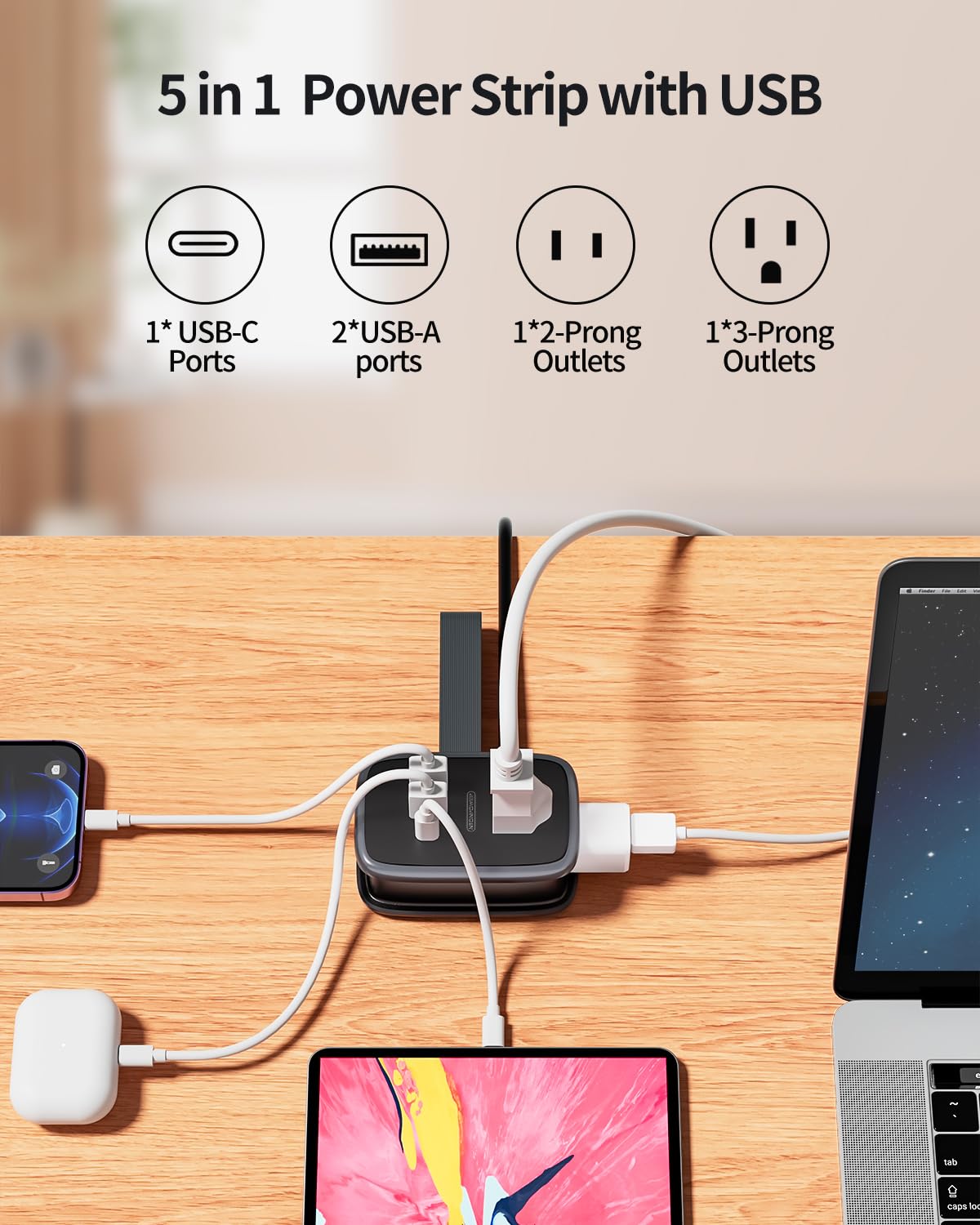 Travel Power Strip with USB C Port, NTONPOWER Small Power Strip with Flat Plug,Multi Plug Travel Extension Cord Portable Power Strip with 2 Outlets 3 USB (1 USB C), for Cruise Travel Home Essentials