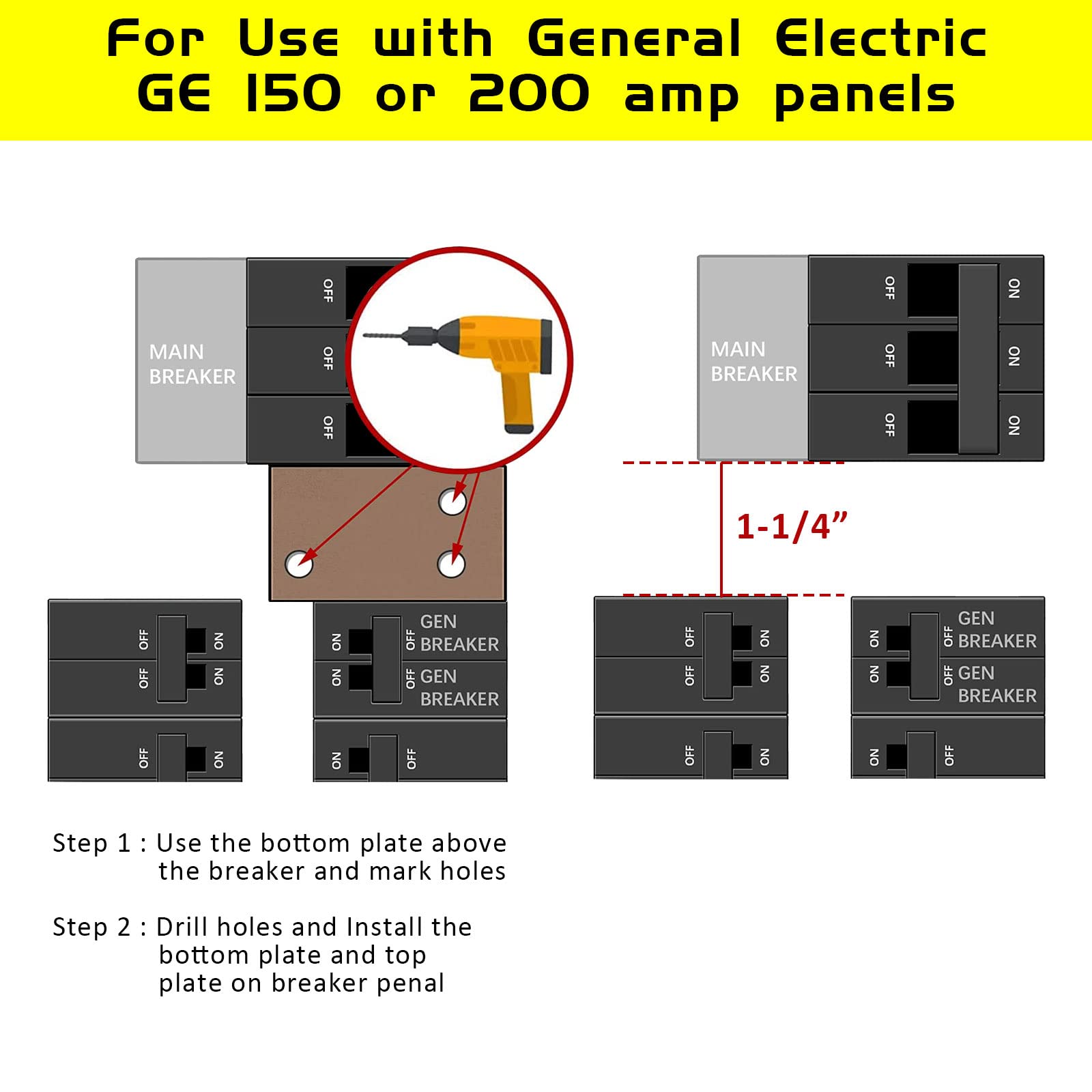 Generator Interlock Kit Compatible with GE General Main 150 or 200 Amp Panels, 1-1/4" Spacing Between Main and Branch Breakers, Electrical Interlock Kit