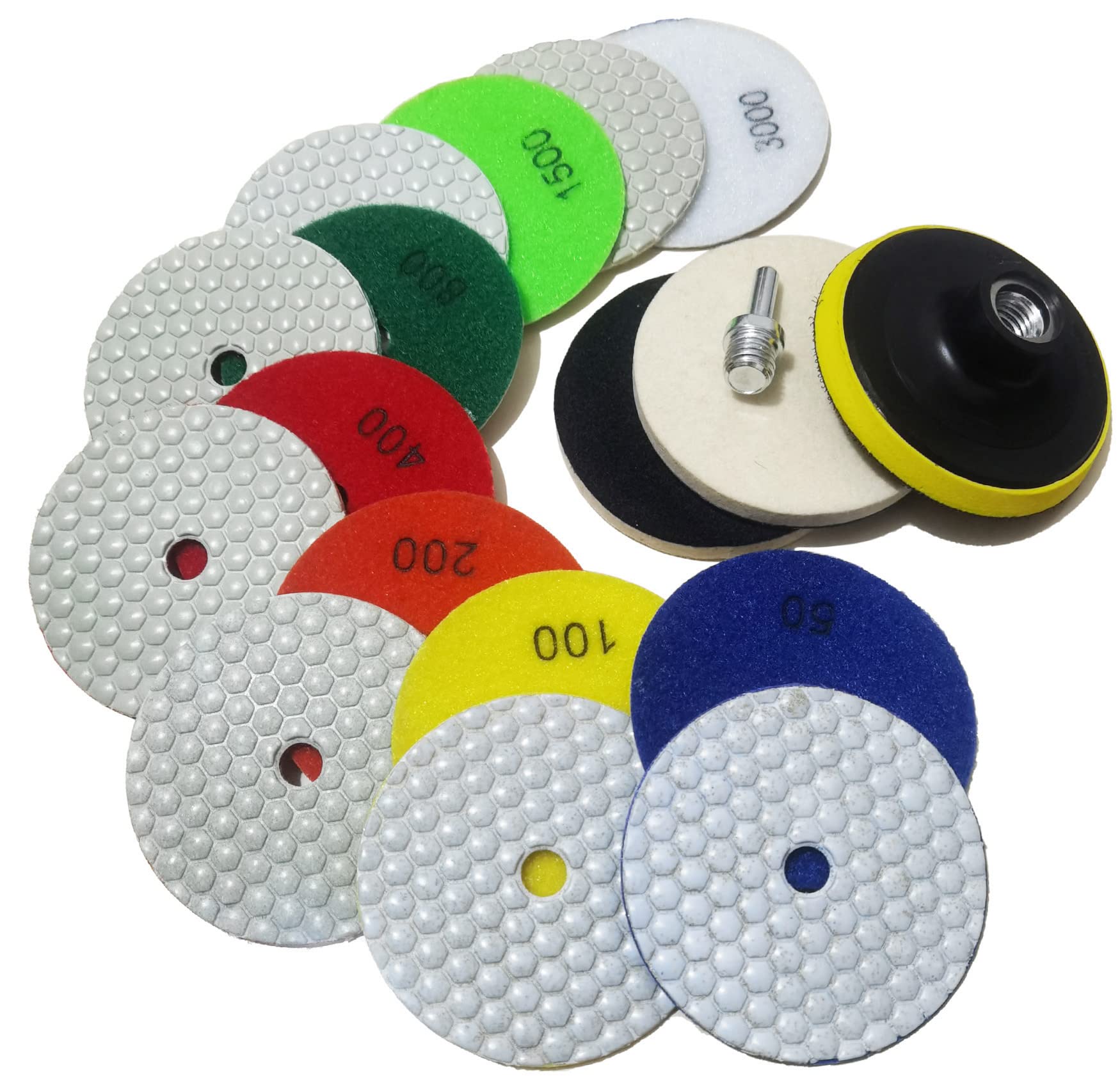 4 Inch Dry Diamond Polishing Pads, 11PCS Wet/Dry Granite Stone Buffing Pad Kit for Marble Concrete Countertop Quartz Tiles, 50-3000 Grit High Temperature Resistance Sand Pad for Drill Grinder Polisher