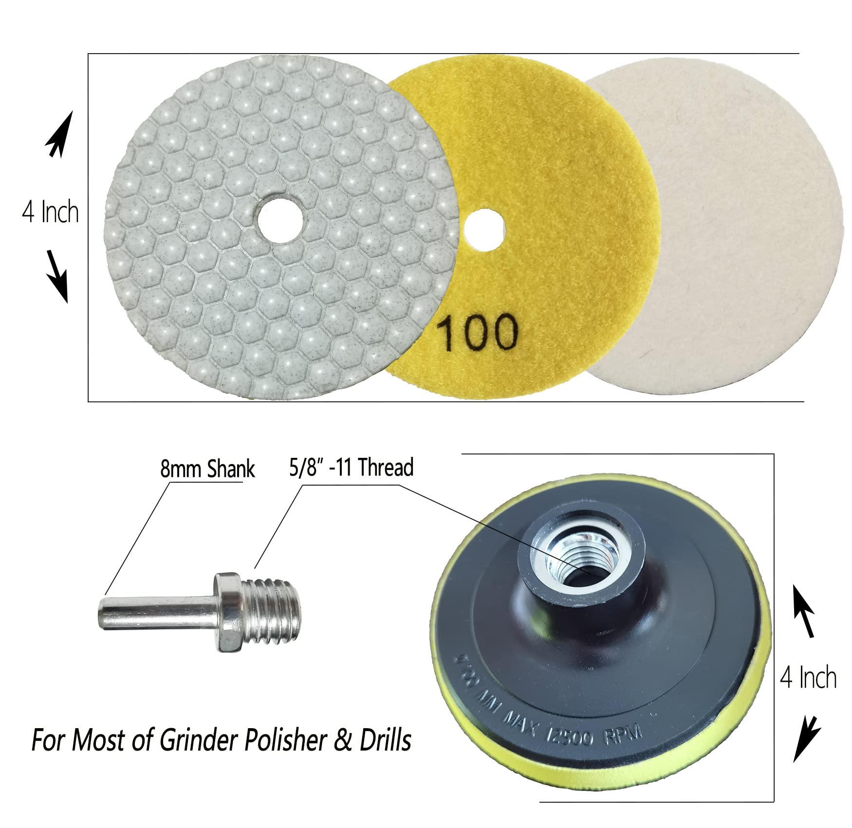 4 Inch Dry Diamond Polishing Pads, 11PCS Wet/Dry Granite Stone Buffing Pad Kit for Marble Concrete Countertop Quartz Tiles, 50-3000 Grit High Temperature Resistance Sand Pad for Drill Grinder Polisher