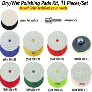 4 Inch Dry Diamond Polishing Pads, 11PCS Wet/Dry Granite Stone Buffing Pad Kit for Marble Concrete Countertop Quartz Tiles, 50-3000 Grit High Temperature Resistance Sand Pad for Drill Grinder Polisher