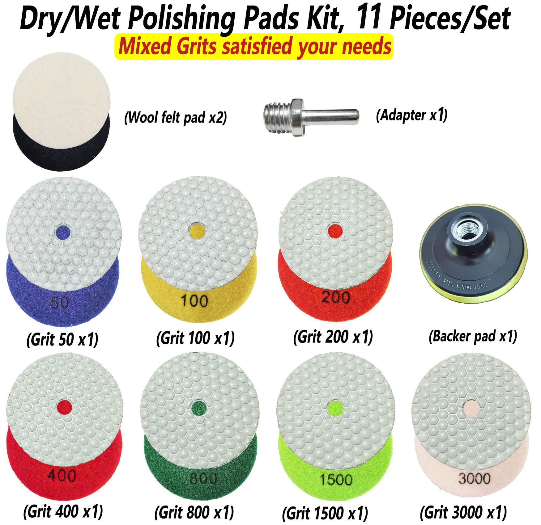 4 Inch Dry Diamond Polishing Pads, 11PCS Wet/Dry Granite Stone Buffing Pad Kit for Marble Concrete Countertop Quartz Tiles, 50-3000 Grit High Temperature Resistance Sand Pad for Drill Grinder Polisher