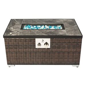 Catalina Creations Outdoor Fire Table Propane Fire Pit Rattan Gas Fire Table 32'', 40,000 BTU Gas Fire Tables with Tile Tabletop, Rectangle Gas Firepit Table for Garden Patio