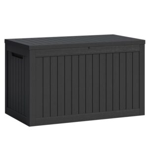flamaker 230 gallon xxl resin deck box outdoor waterproof storage box loackable bench for patio furniture cushions, toys and garden tools (black)