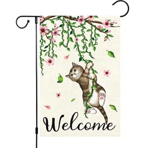 louise maelys welcome spring garden flag 12x18 double sided, burlap small cat flower floral garden yard flags for seasonal outside outdoor house decoration (only flag)