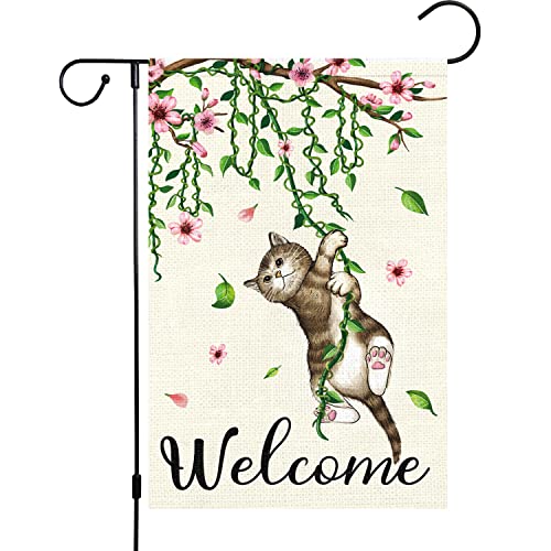 Louise Maelys Welcome Spring Garden Flag 12x18 Double Sided, Burlap Small Cat Flower Floral Garden Yard Flags for Seasonal Outside Outdoor House Decoration (Only Flag)