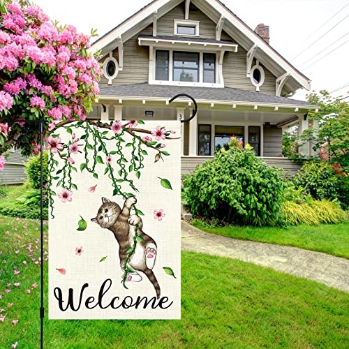 Louise Maelys Welcome Spring Garden Flag 12x18 Double Sided, Burlap Small Cat Flower Floral Garden Yard Flags for Seasonal Outside Outdoor House Decoration (Only Flag)