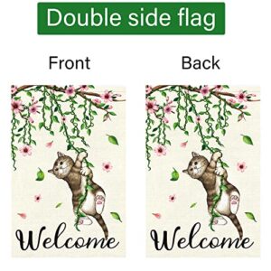 Louise Maelys Welcome Spring Garden Flag 12x18 Double Sided, Burlap Small Cat Flower Floral Garden Yard Flags for Seasonal Outside Outdoor House Decoration (Only Flag)