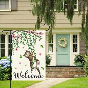 Louise Maelys Welcome Spring Garden Flag 12x18 Double Sided, Burlap Small Cat Flower Floral Garden Yard Flags for Seasonal Outside Outdoor House Decoration (Only Flag)