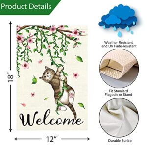 Louise Maelys Welcome Spring Garden Flag 12x18 Double Sided, Burlap Small Cat Flower Floral Garden Yard Flags for Seasonal Outside Outdoor House Decoration (Only Flag)