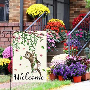 Louise Maelys Welcome Spring Garden Flag 12x18 Double Sided, Burlap Small Cat Flower Floral Garden Yard Flags for Seasonal Outside Outdoor House Decoration (Only Flag)