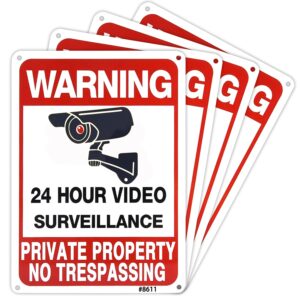 24-hour video surveillance warning sign set of 4 - aluminum, 10x7 inches, uv printed, deterrent for private property trespassing, no trespassing alert plaque