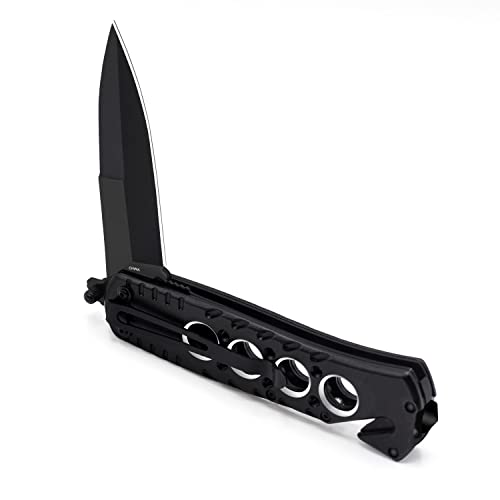 EMHTiii Pocket Folding Knife for Men - Women Multitool Camping EDC Knives with Clip, Liner Lock, Glass Breaker, Seatbelt Paracord Cutter, Black Blade