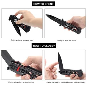 EMHTiii Pocket Folding Knife for Men - Women Multitool Camping EDC Knives with Clip, Liner Lock, Glass Breaker, Seatbelt Paracord Cutter, Black Blade