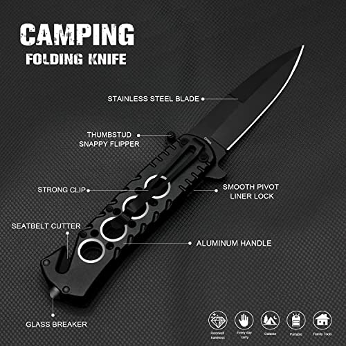 EMHTiii Pocket Folding Knife for Men - Women Multitool Camping EDC Knives with Clip, Liner Lock, Glass Breaker, Seatbelt Paracord Cutter, Black Blade