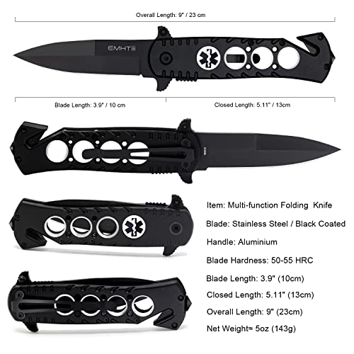 EMHTiii Pocket Folding Knife for Men - Women Multitool Camping EDC Knives with Clip, Liner Lock, Glass Breaker, Seatbelt Paracord Cutter, Black Blade