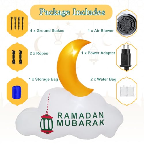 Dawdix 5FT Ramadan Inflatable Decorations, Eid Mubarak Inflatable Crescent Moon Decoration, Blow Up Ramadan Mubarak Yard Decor with LED Lights for Muslim Holiday Party, Garden