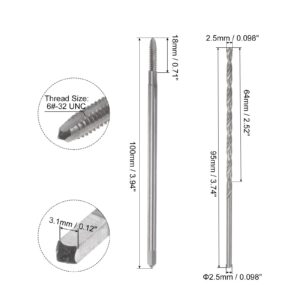 uxcell Tap & Bit Sets, 6#-32 UNC H2 Straight Flute Machine Thread Milling Tap Extra Long, 2.5mm High Speed Steel (HSS) Twist Drill Bit