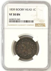 1839 p young matron booby head large cent 1c ngc vf 30 bn