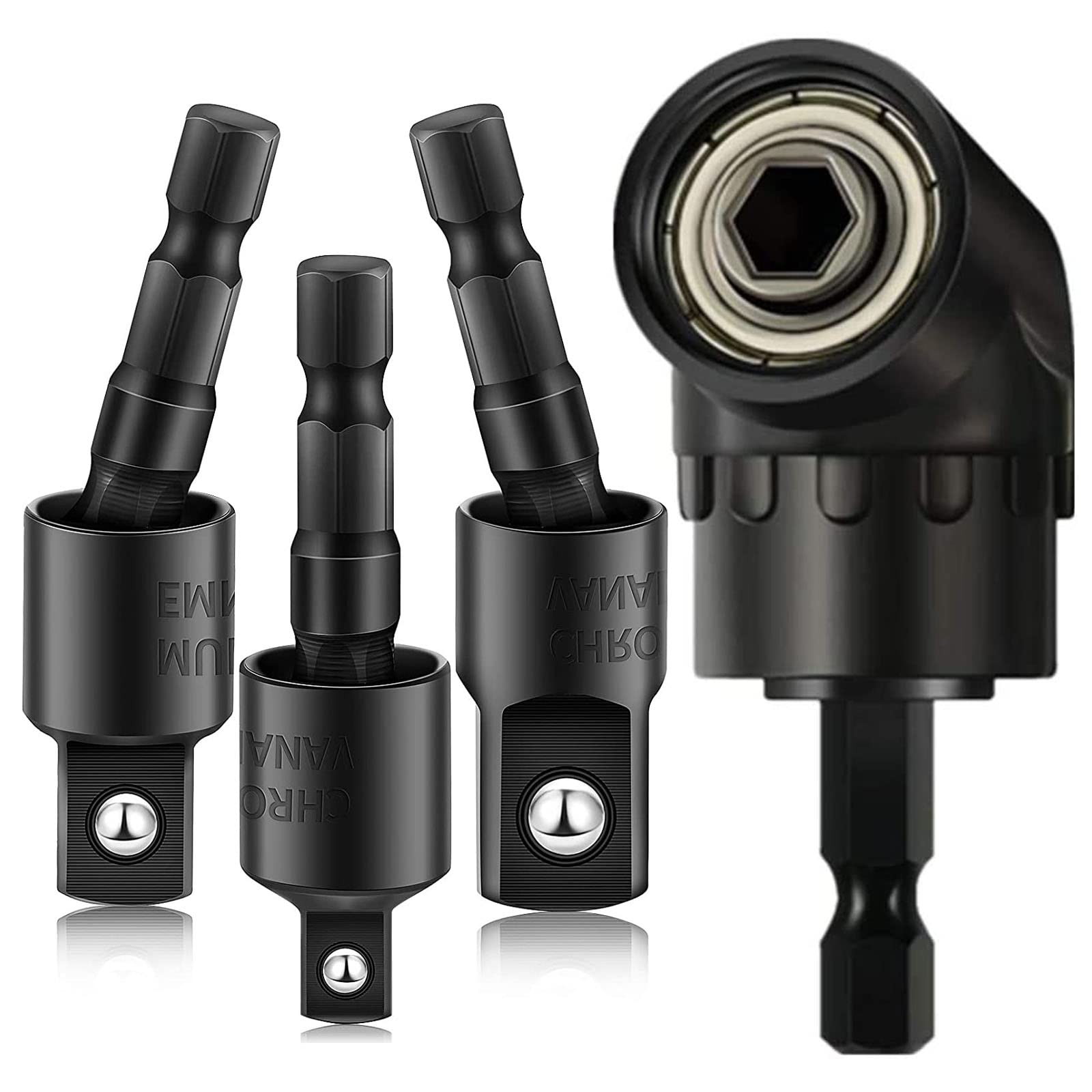 Fruholt Flexible Drill Bit Extension Set, 105° Right Angle Drill Attachmen, Rotatable Joint Socket 1/4 3/8 1/2 In Hex Socket Adapter Sets for Power Drill & Driver, Cordless Drill & Screwdriver (Black)