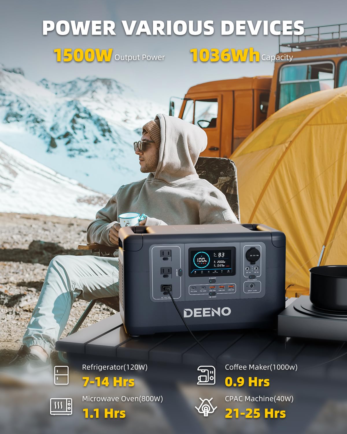 DEENO Portable Power Station 1500W, 1036Wh LiFePO4 Battery Solar Generator for Home Backup Emergency Outdoor Camping RVs(Solar Panel Optional)