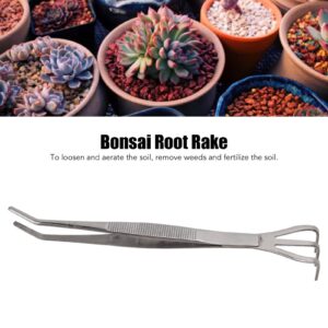 Bonsai Root Rake, 3Prong Nonslip Stainless Steel Root Rake, Ergonomic Handle for Loose Soil for Potted Plant (Bent)