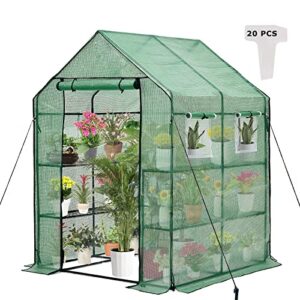 purlyu walk-in greenhouse for outdoors, thickened pe cover & heavy duty powder-coated steel, mesh door & screen windows, 14 sturdy shelves, 20 pcs t-type plant tags 4.7x4.7x6.4 ft, (ghw002g)