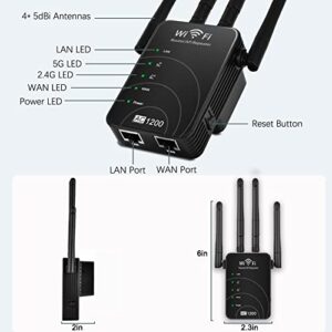 WiFi Extender 1200Mbps, 5G/2.4G Dual Band WiFi Long Range Extender Booster, Wireless Internet Repeater Signal Amplifier with Ethernet Ports, 360° Full Coverage, Supports Repeater/AP/Router Mode