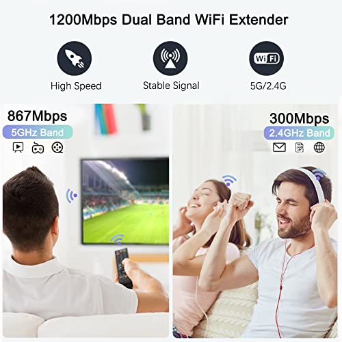 WiFi Extender 1200Mbps, 5G/2.4G Dual Band WiFi Long Range Extender Booster, Wireless Internet Repeater Signal Amplifier with Ethernet Ports, 360° Full Coverage, Supports Repeater/AP/Router Mode