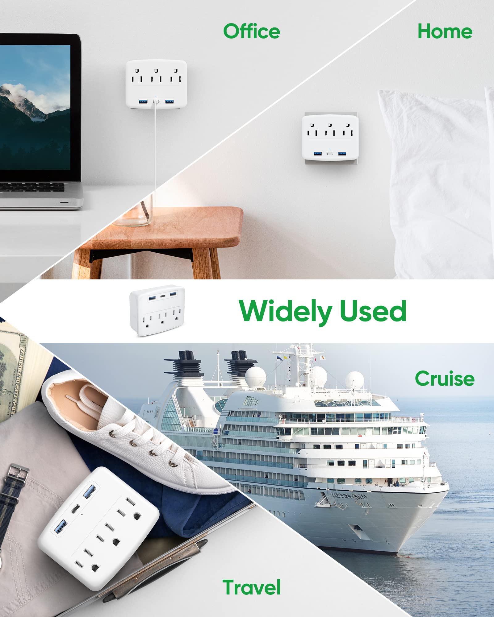 Cruise Essentials Foldable Power Strip with USB C, No Surge Protector Multi Outlet Wall Plug, 3 Outlets & 3 USB Ports, Cruise Accessories Must Haves, Compact for Home Office Travel