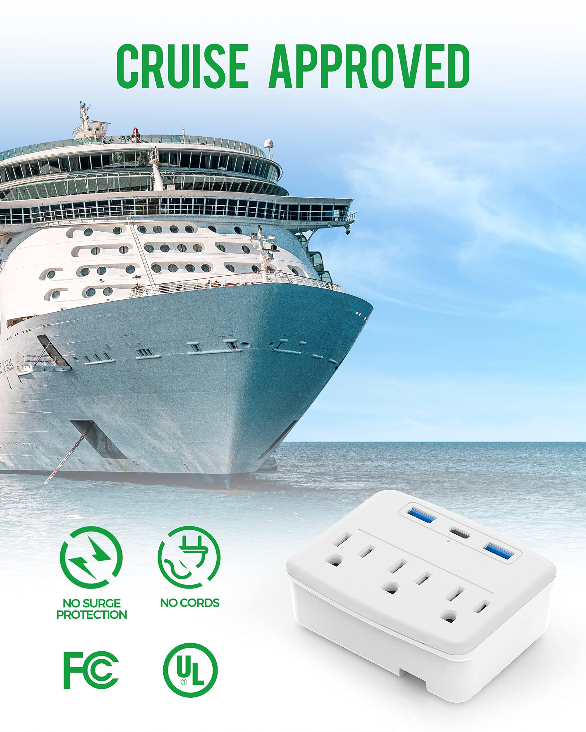 Cruise Essentials Foldable Power Strip with USB C, No Surge Protector Multi Outlet Wall Plug, 3 Outlets & 3 USB Ports, Cruise Accessories Must Haves, Compact for Home Office Travel