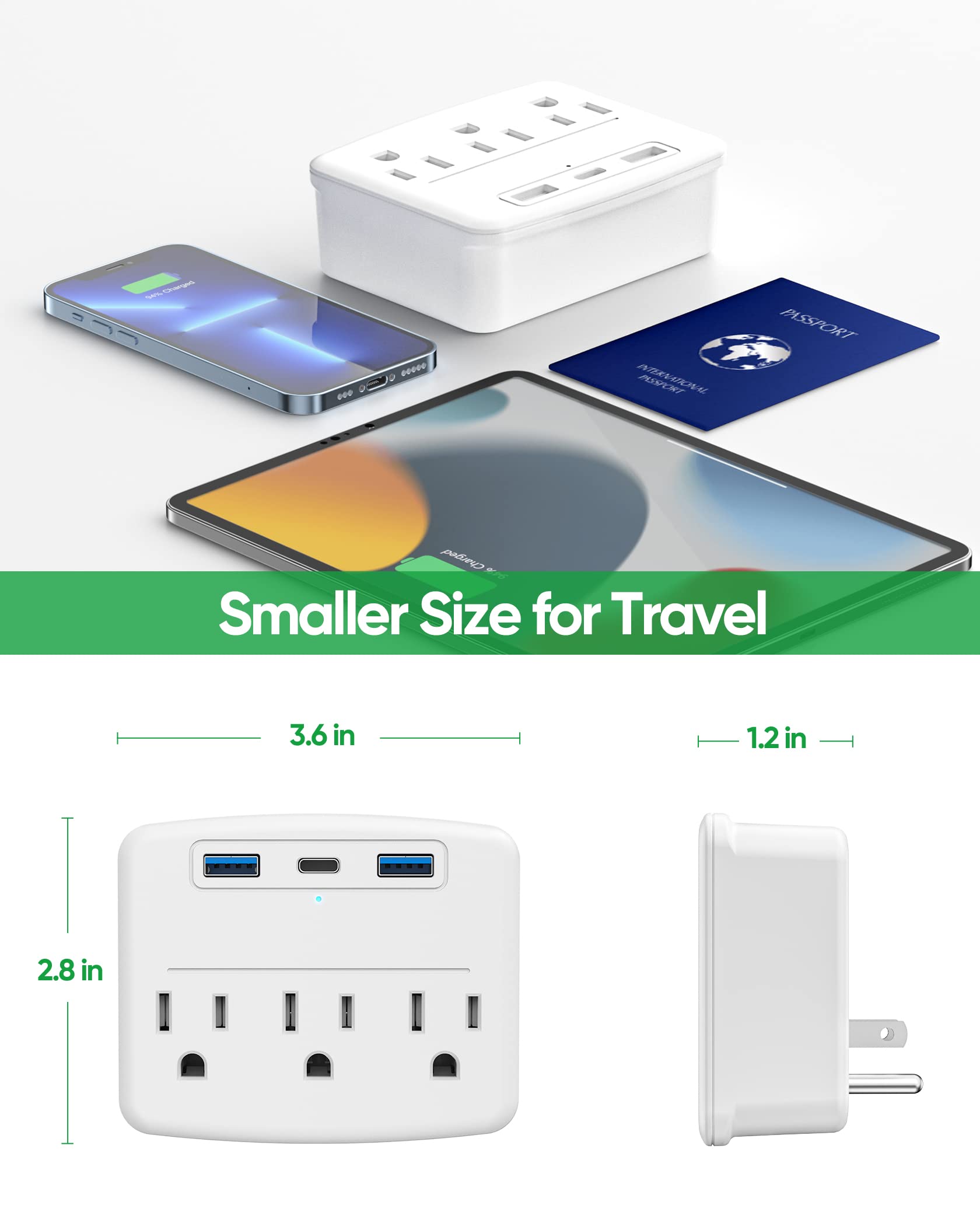 Cruise Essentials Foldable Power Strip with USB C, No Surge Protector Multi Outlet Wall Plug, 3 Outlets & 3 USB Ports, Cruise Accessories Must Haves, Compact for Home Office Travel